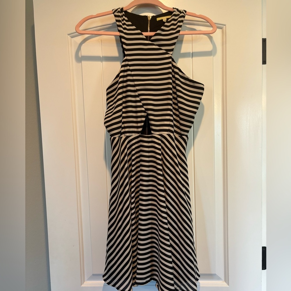 Black and white stripe dress with criss cross detail
